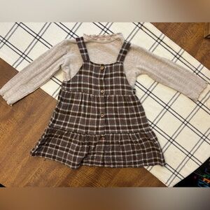 Zara Brown Plaid Jumper Dress & Lettuce Hem Beige Top Toddler Girls 18-24 Months